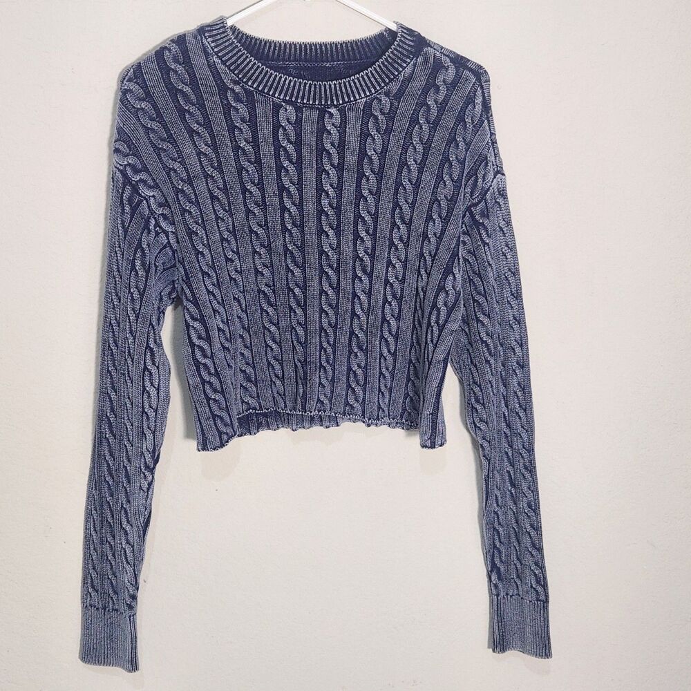 Aerie Cable Knit Crop Sweater Women's S/P Blue Long Sleeve Cotton Pullover
